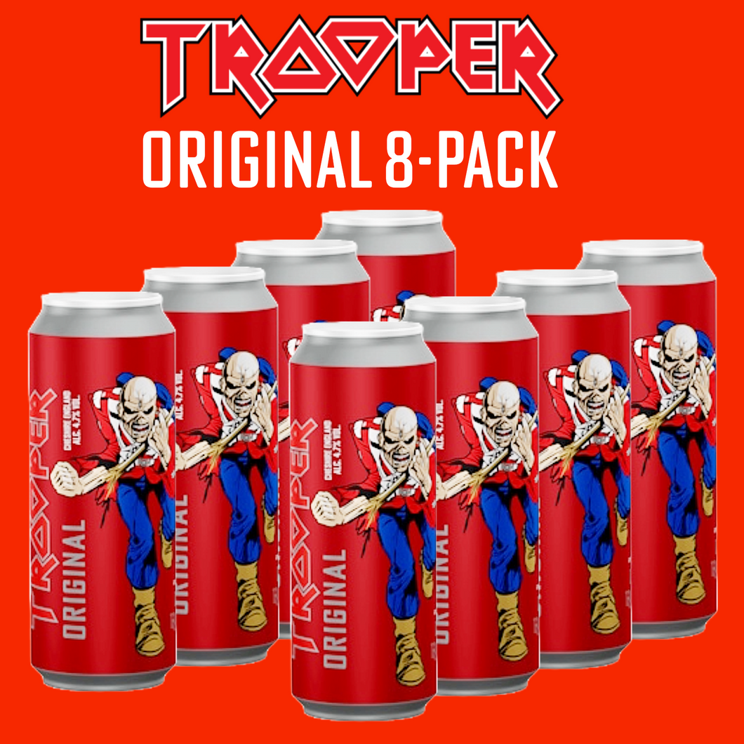 Trooper Original Ale 8-pack by Iron Maiden and Robinsons Brewery, featuring Eddie mascot on 500ml cans with red background.
