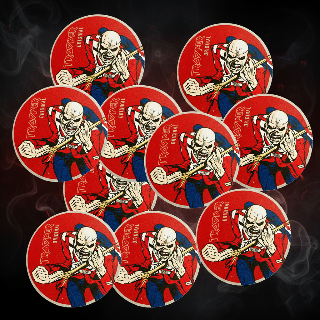 Iron Maiden Trooper Original coasters, created by Robinsons Brewery, featuring Eddie mascot and Trooper Premium British Beer branding.