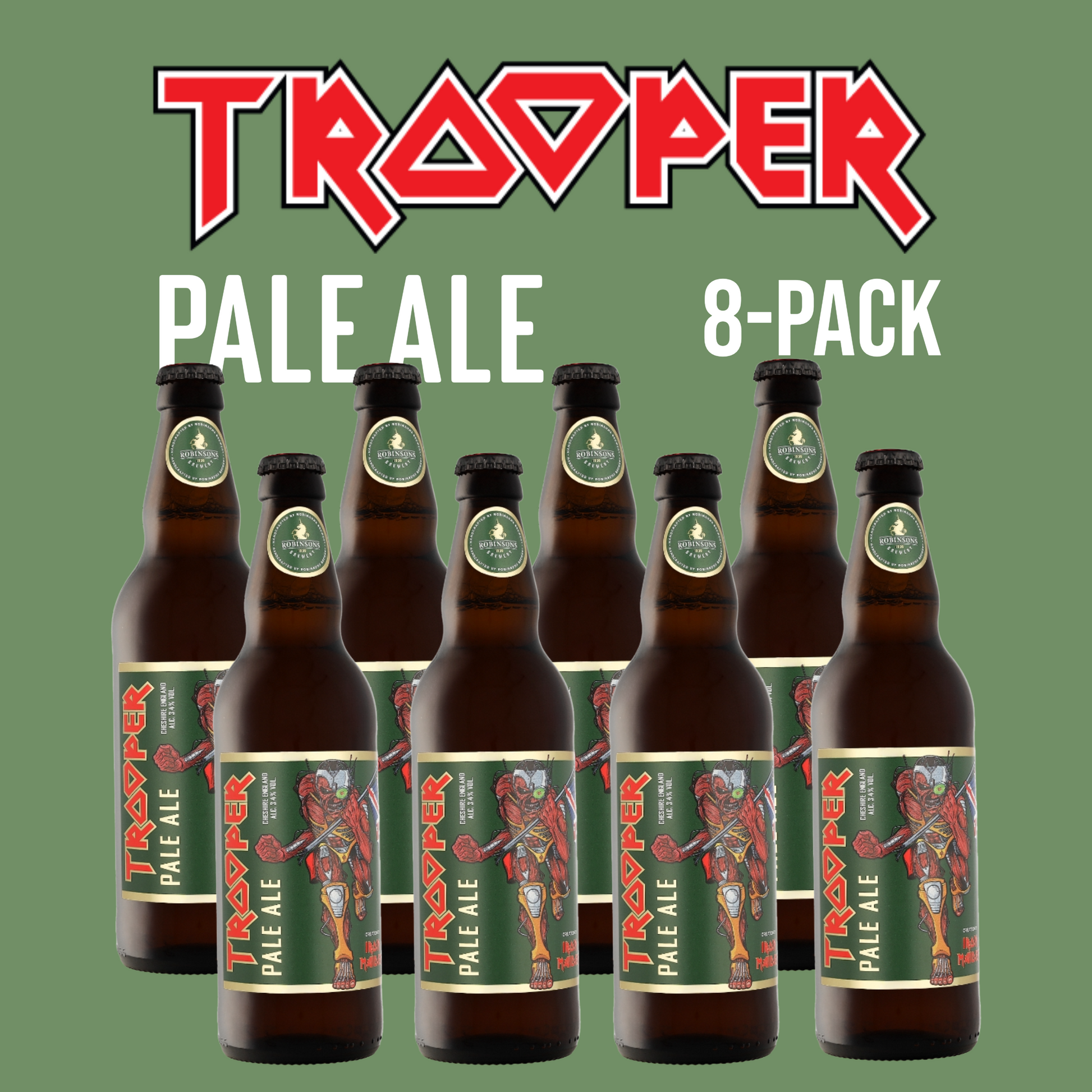 Trooper Pale Ale 8-pack by Robinsons Brewery, featuring Iron Maiden’s Eddie on 500ml bottles and a full Trooper pint glass, 3.4% ABV.