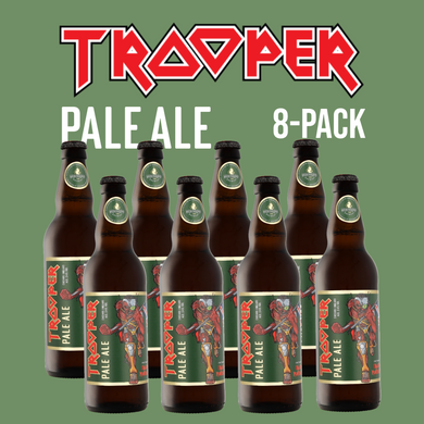 Trooper Pale Ale 8-pack by Robinsons Brewery, featuring Iron Maiden’s Eddie on 500ml bottles and a full Trooper pint glass, 3.4% ABV.