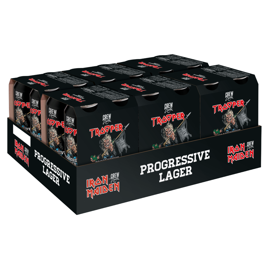 Iron Maiden Trooper Progressive Lager full 24-pack case by Crew Republic, celebrating the 2025-26 Run For Your Lives tour, featuring Eddie and bold black packaging.