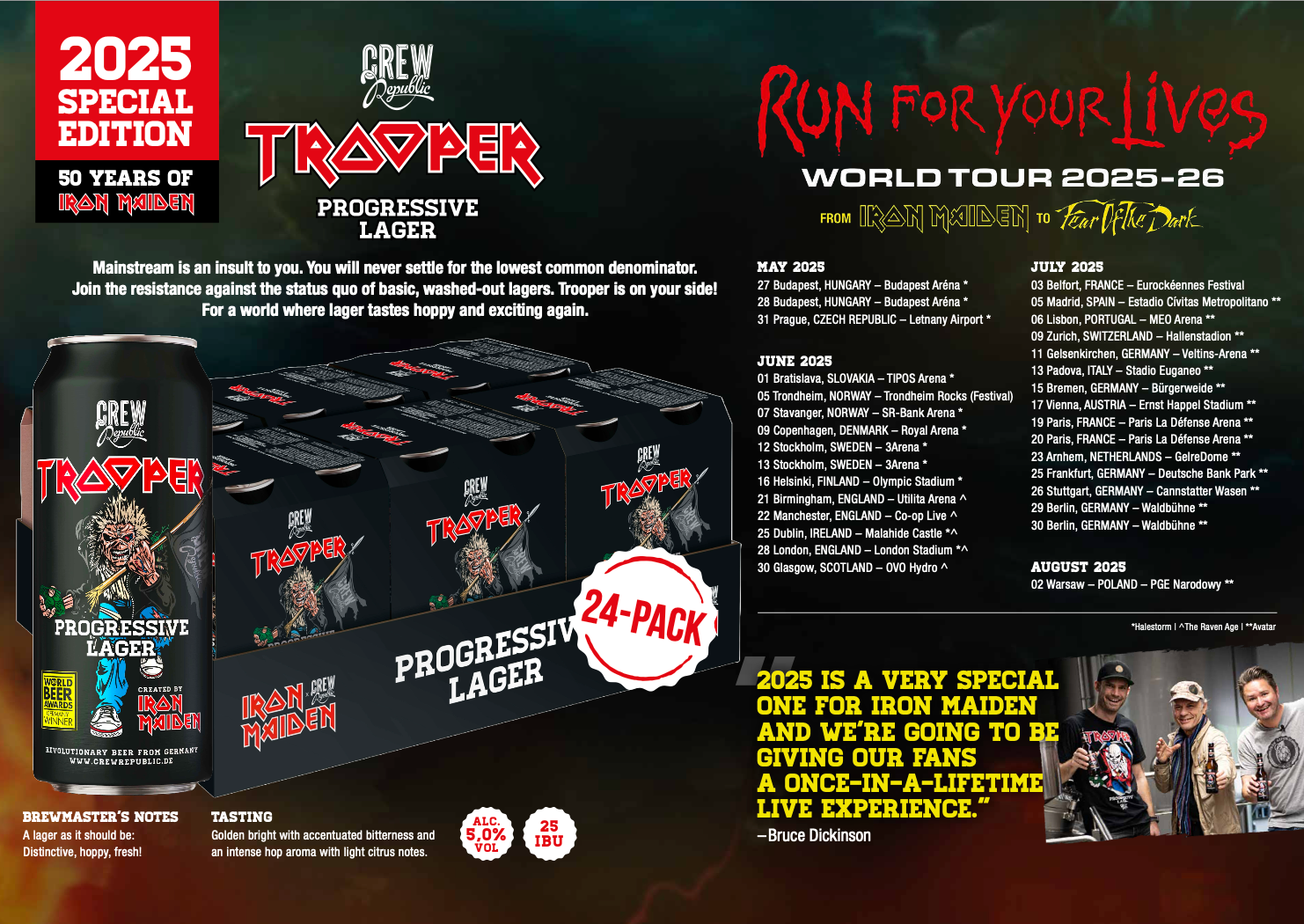Iron Maiden Trooper Progressive Lager 24-pack by Crew Republic, celebrating the 2025-26 Run For Your Lives tour, special promo artwork with 2025 tour dates and beer details.