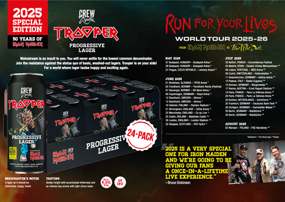 Iron Maiden Trooper Progressive Lager 24-pack by Crew Republic, celebrating the 2025-26 Run For Your Lives tour, special promo artwork with 2025 tour dates and beer details.