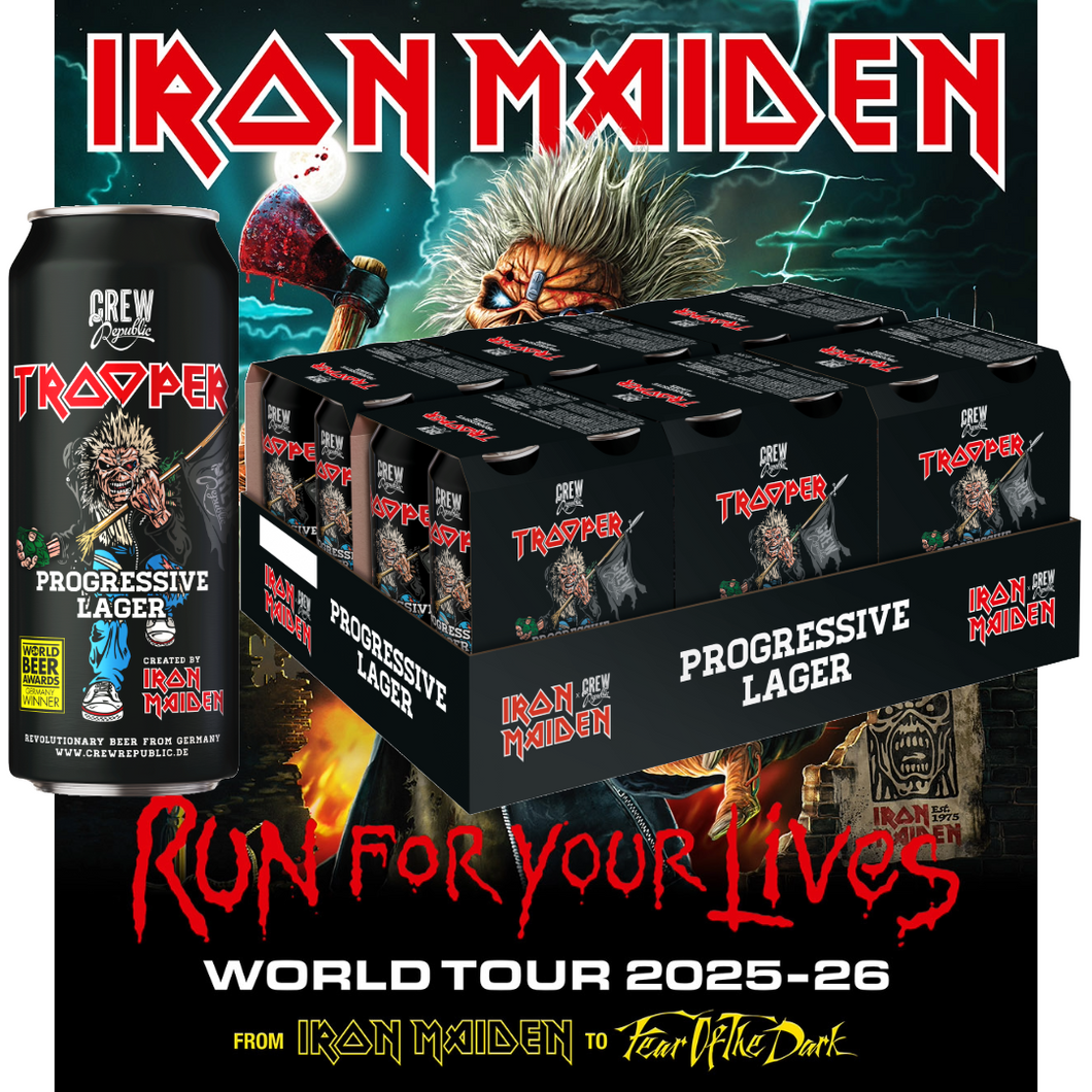 Iron Maiden Trooper Progressive Lager 24-pack by Crew Republic, Run for Your Lives World Tour Edition 2025, created for Iron Maiden’s 50th anniversary, World Beer Awards Germany winner.