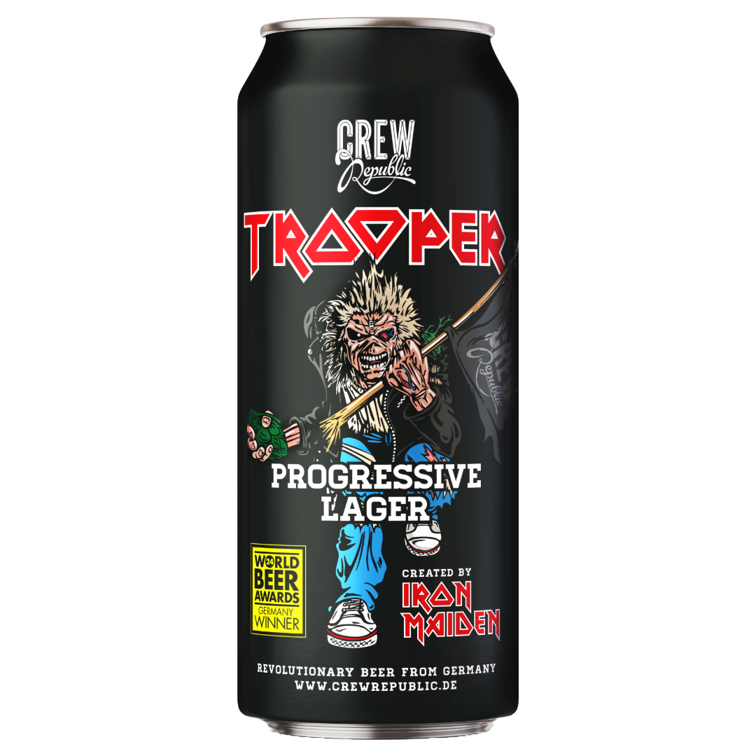 Iron Maiden Trooper Progressive Lager 500ml can by Crew Republic, celebrating the 2025-26 Run For Your Lives tour, black design with Eddie artwork, World Beer Awards Germany winner.