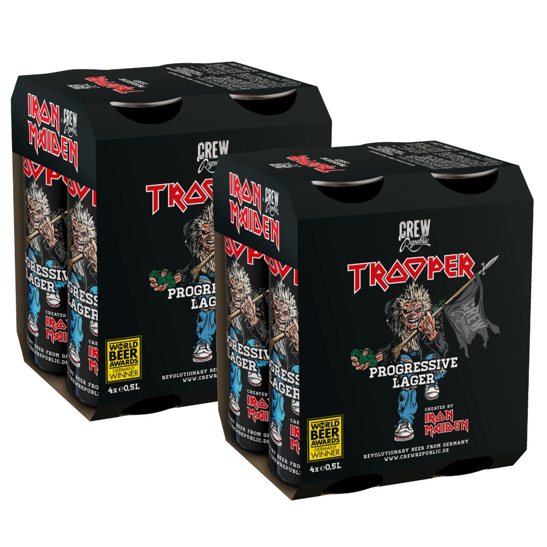 Iron Maiden Trooper Progressive Lager 8-pack by Crew Republic, celebrating the 2025-26 Run For Your Lives tour, 8x500ml cans in black World Beer Award-winning packaging.