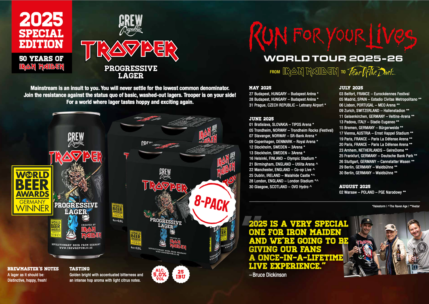 Iron Maiden Run For Your Lives 2025 tour poster featuring Trooper Progressive Lager Special Edition by Crew Republic, 8-pack cans, tour dates, and Bruce Dickinson quote.