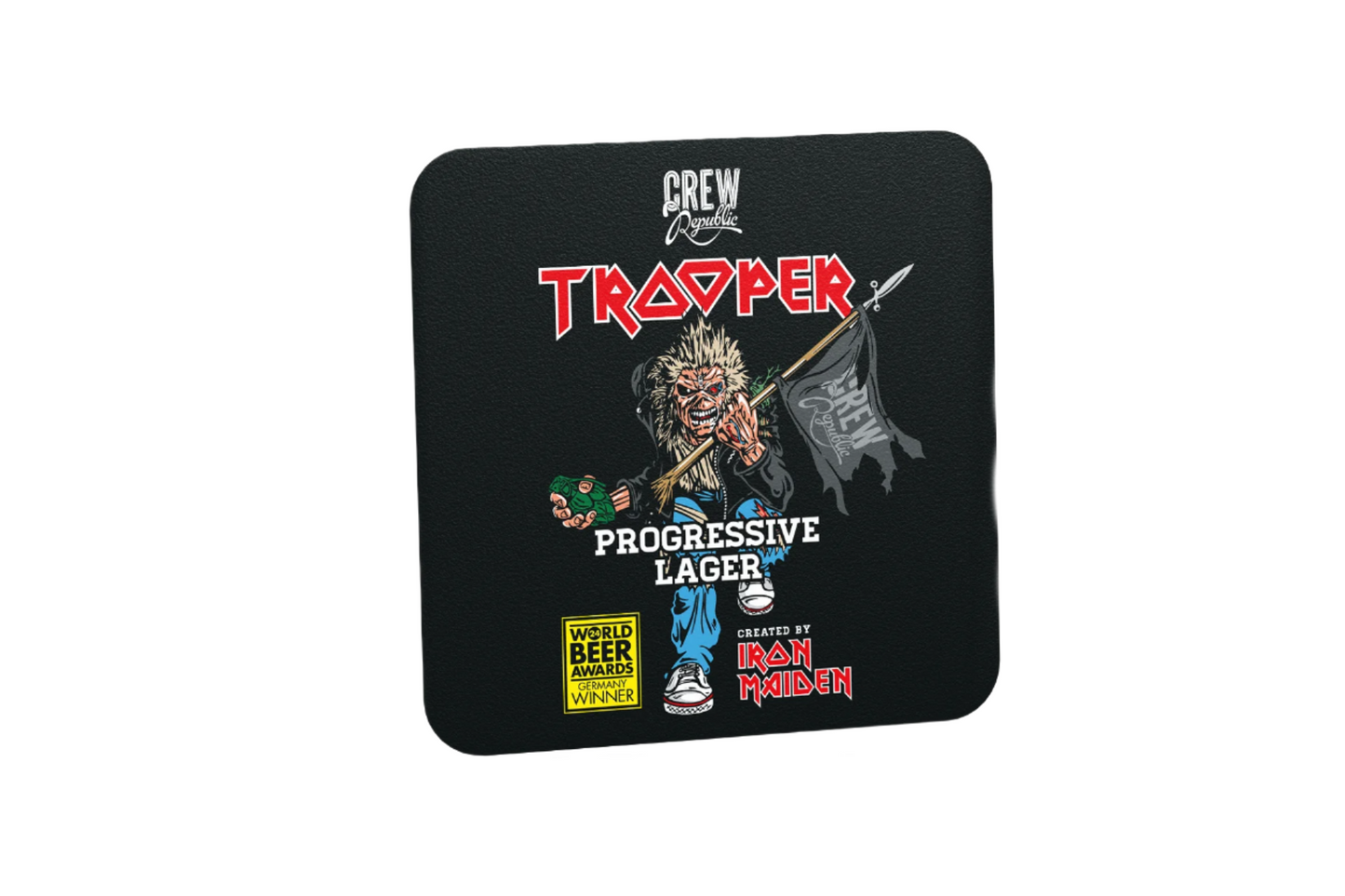 Iron Maiden Trooper Progressive Lager coaster celebrating the Run For Your Lives tour, featuring Eddie with hop grenade and CREW Republic flag.