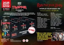 Cargue la imagen en el visor de la galería, Iron Maiden Trooper Progressive Lager 24-pack Run For Your Lives Tour Edition 2025 by Crew Republic, special promo artwork with tour dates and beer details.
