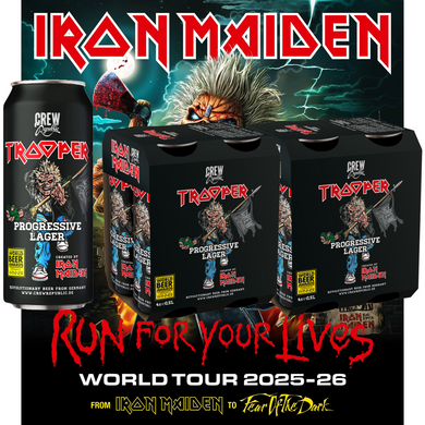 Iron Maiden Trooper Progressive Lager Run For Your Lives Tour Edition 2025, featuring 8-pack of 500ml cans by Crew Republic with Eddie artwork.