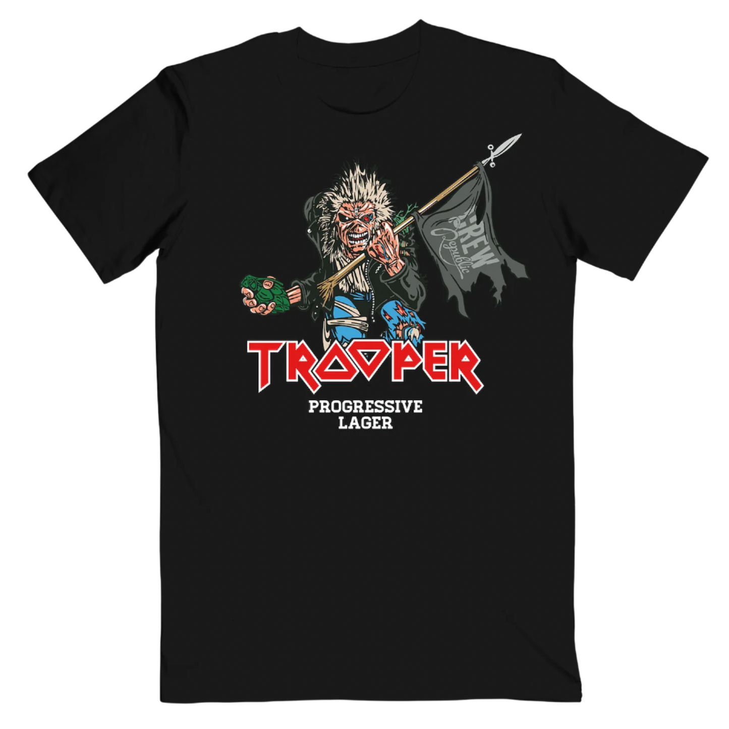 Front of Iron Maiden TROOPER Progressive Lager T-shirt featuring Eddie holding a spear and CREW Republic flag, celebrating the 2025-26 Run For Your Lives tour.