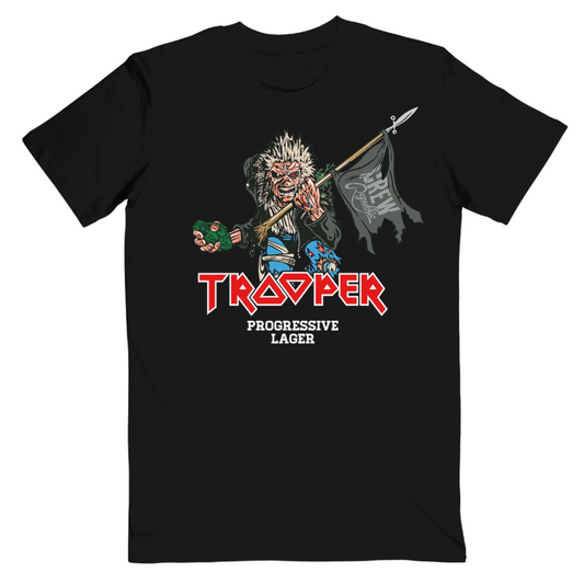 Front of Iron Maiden TROOPER Progressive Lager T-shirt featuring Eddie holding a spear and CREW Republic flag, celebrating the 2025-26 Run For Your Lives tour.