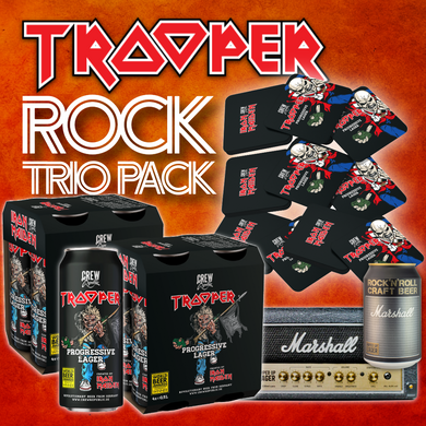 Iron Maiden TROOPER Rock Trio Pack with 8 Run For Your Lives cans, 10 coasters, and 3 Marshall Lager cans in amp-style gift pack.