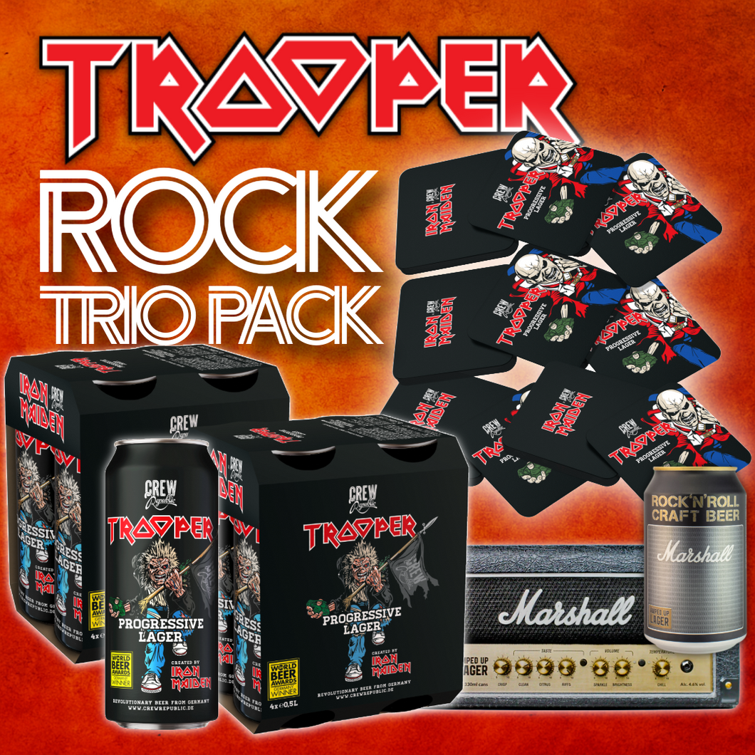Iron Maiden TROOPER Rock Trio Pack with 8 Run For Your Lives cans, 10 coasters, and 3 Marshall Lager cans in amp-style gift pack.