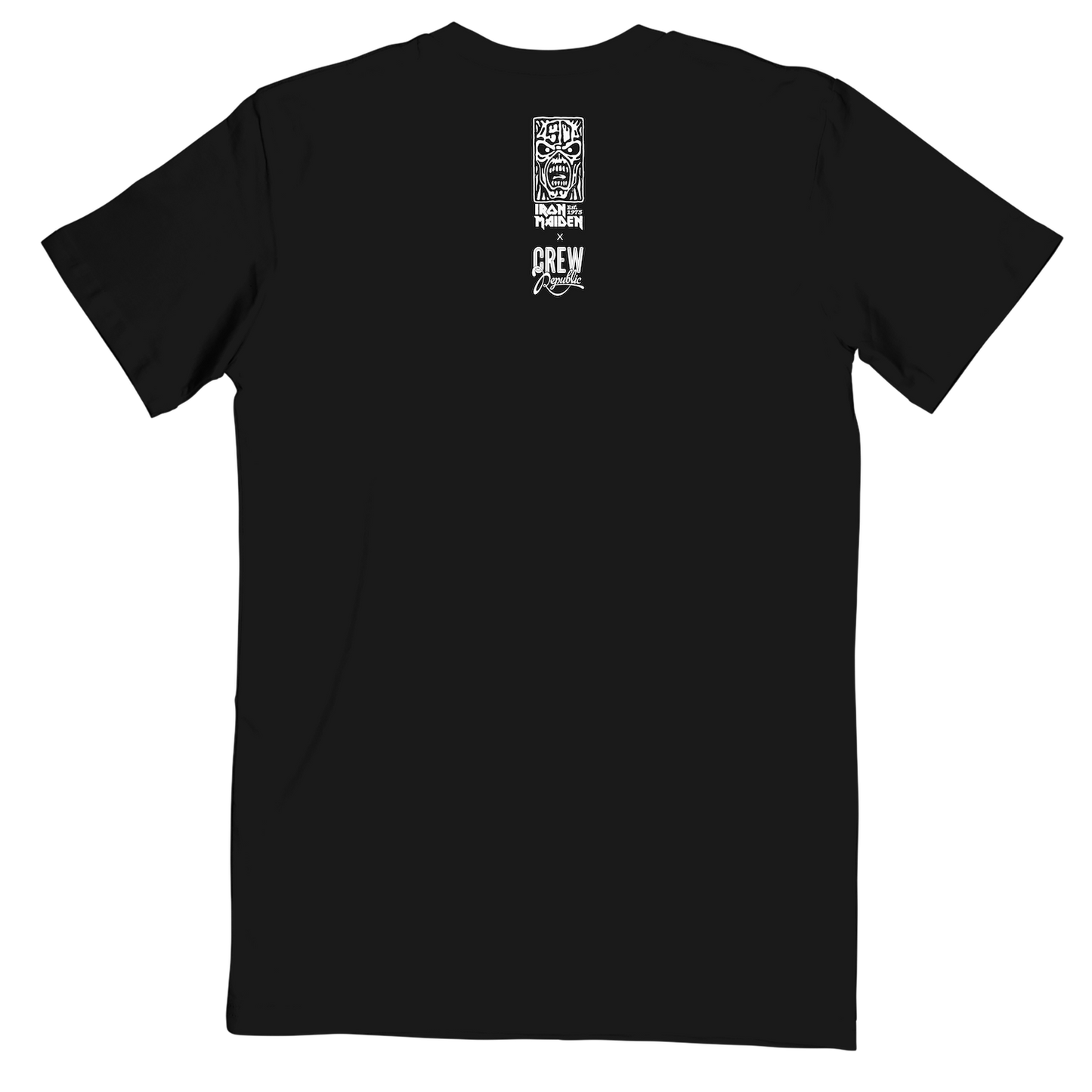 Back of the Iron Maiden TROOPER Run for Your Lives 2025 World Tour Edition T-shirt with vertical Eddie and CREW Republic lock-up graphic.