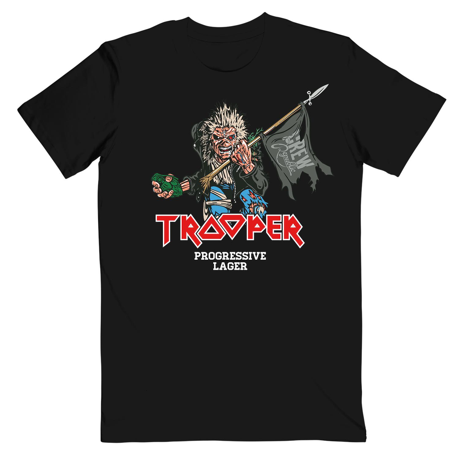 Front of the Iron Maiden TROOPER Run for Your Lives 2025 World Tour Edition T-shirt featuring Eddie holding a spear and CREW Republic flag.