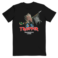 Cargue la imagen en el visor de la galería, Front of the Iron Maiden TROOPER Run for Your Lives 2025 World Tour Edition T-shirt featuring Eddie holding a spear and CREW Republic flag.
