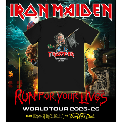 Promotional image of the Iron Maiden TROOPER Run for Your Lives 2025 World Tour Edition T-shirt featuring Eddie and the CREW Republic hop grenade.