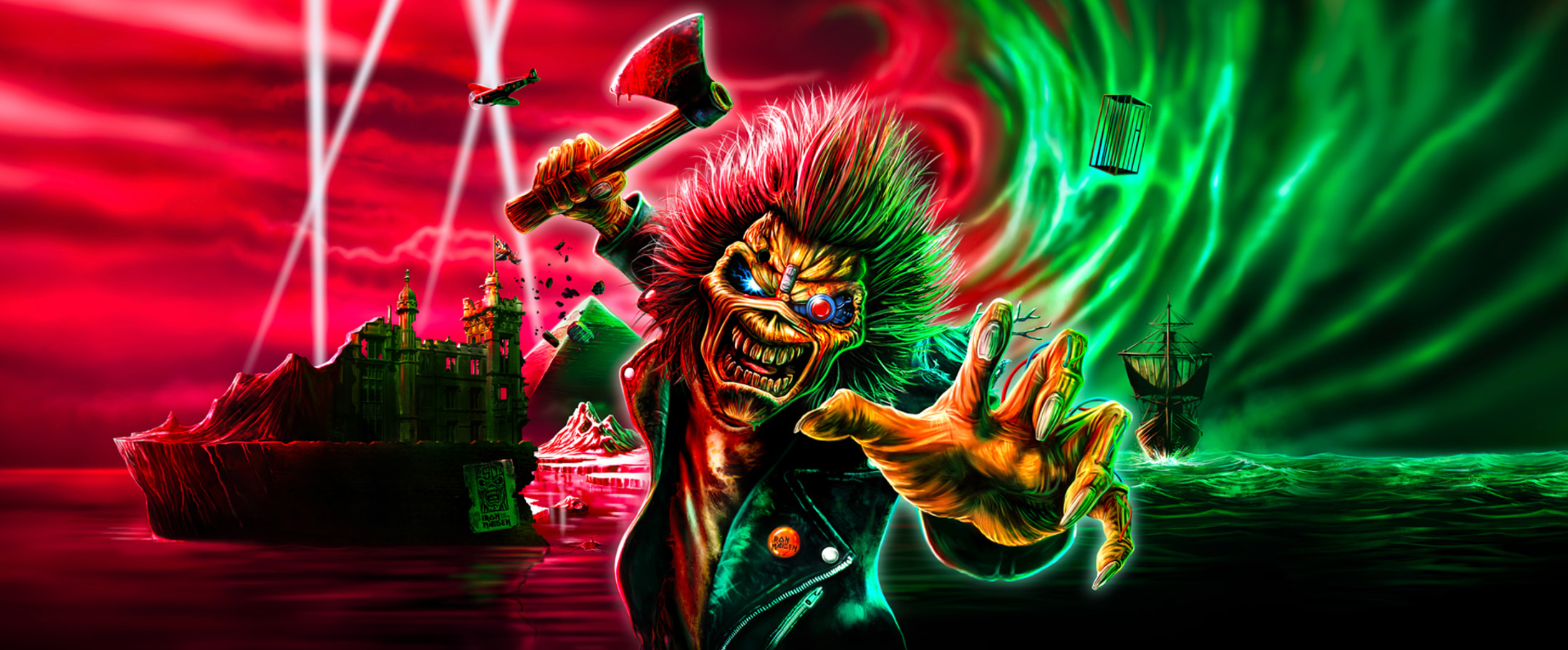 Iron Maiden Trooper Run For Your Lives World Tour 2026 poster featuring Eddie with axe, battle scene artwork, and dramatic red and green background.