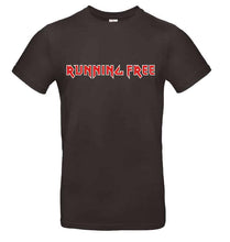 Lade das Bild in den Galerie-Viewer, Front view of Iron Maiden Trooper Running Free T-shirt by Nils Oscar, featuring bold ‘Running Free’ text across the chest.
