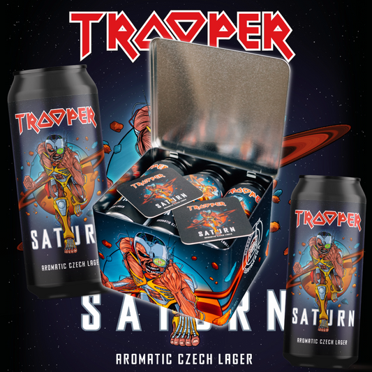 Iron Maiden Trooper Saturn Metal Gift Box with 6x500ml cans, 2 coasters, 1 sticker, and a real aluminium collector’s tin. Brewed in the Czech Republic.