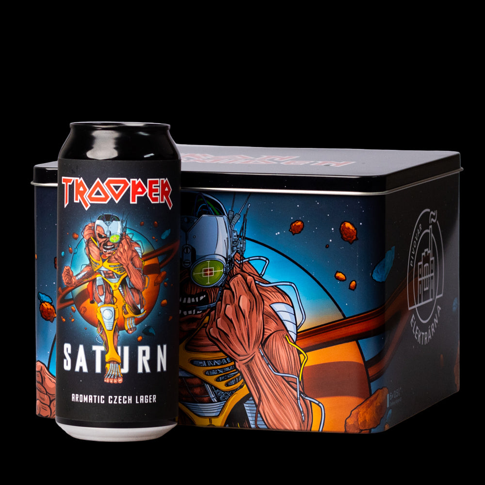 Front view of the Iron Maiden Trooper Saturn Metal Gift Box showing a 500ml can beside the aluminium collector’s tin with Iron Maiden artwork. Brewed in the Czech Republic.