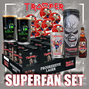 Iron Maiden Trooper Superfan Set – Limited Edition Bundle featuring a Progressive Lager 24-pack "Run For Your Lives"-World Tour Edition, Trooper Gift Tin (500ml can + Pint Glass), Fear of the Dark Pint Glass Set (2), and 10 Trooper Original Beer Coasters. The ultimate collector’s pack for Iron Maiden fans.