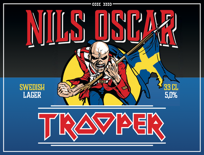 Trooper Swedish Lager by Nils Oscar, featuring Iron Maiden’s Eddie mascot with the Swedish flag, 33 CL can with 5.0% ABV.