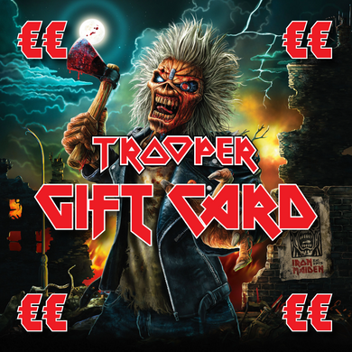 Trooper Gift Card featuring Iron Maiden's Eddie holding a bloodied axe under a full moon with post-apocalyptic ruins in the background.