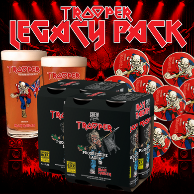 Trooper Legacy Pack with an 8-pack of Trooper Progressive Lager 500ml cans 