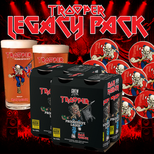 Trooper Legacy Pack with an 8-pack of Trooper Progressive Lager 500ml cans "Run For Your Lives"-World Tour Edition, 2 Iron Maiden pint glasses, and 10 red Trooper coasters – the ultimate collector’s bundle for fans.