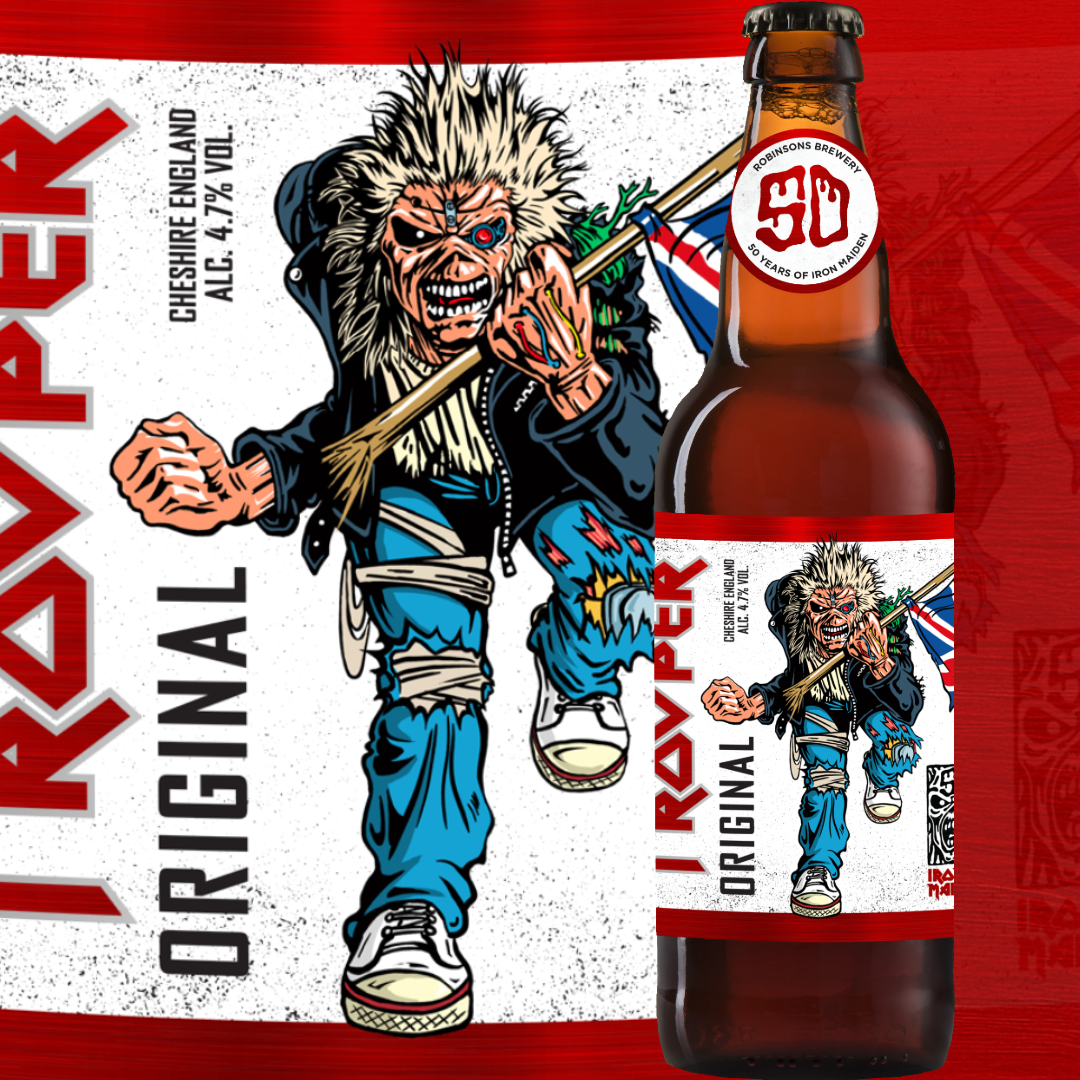 Single 500ml bottle of Iron Maiden Trooper Original Ale with special 50th anniversary label, placed in front of Eddie-themed packaging.
