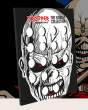 Lade das Bild in den Galerie-Viewer, Front view of Iron Maiden Trooper bottlecap collector foam board, created by Robinsons Brewery, featuring Eddie mascot design and spaces for bottle caps.
