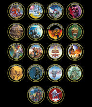 Lade das Bild in den Galerie-Viewer, Illustration of all Trooper crowns by Robinsons Brewery, showcasing iconic Iron Maiden album art for the Trooper bottlecap collector foam board.
