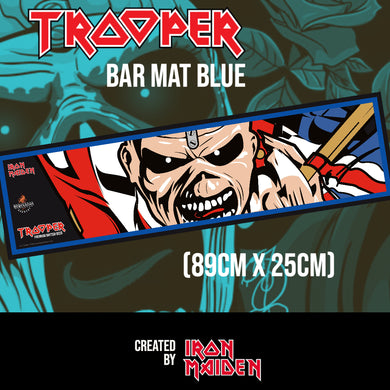 Trooper blue bar mat, 89cm x 25cm, featuring Iron Maiden’s Eddie design and created by Iron Maiden, brewed by Robinsons Brewery.